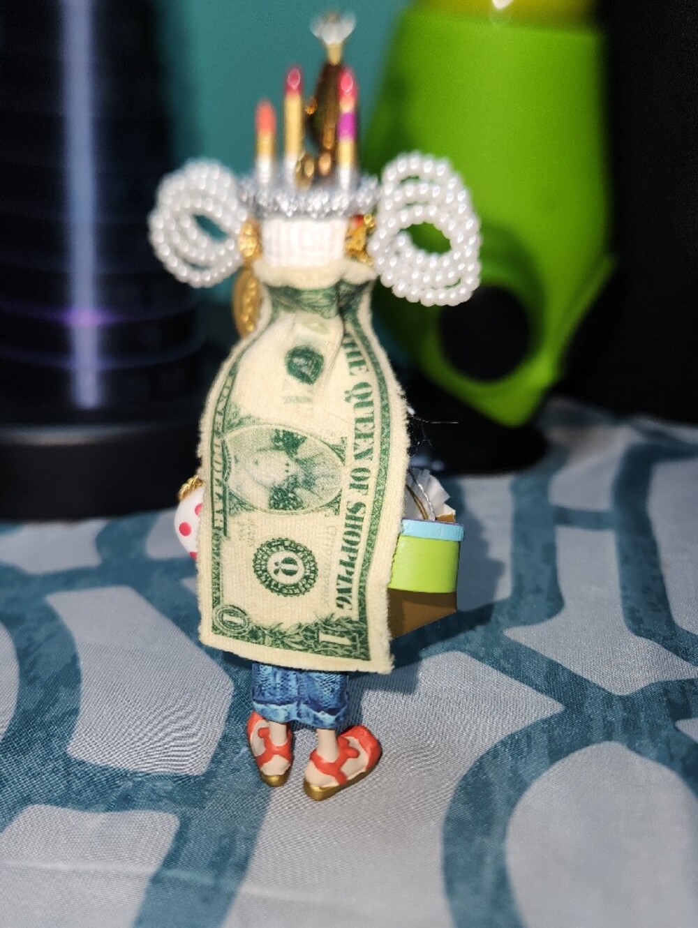 Whimsical Fashionista Ornament - Pink Top, Blue Jeans, Gold Bag - Picture 2 of 2